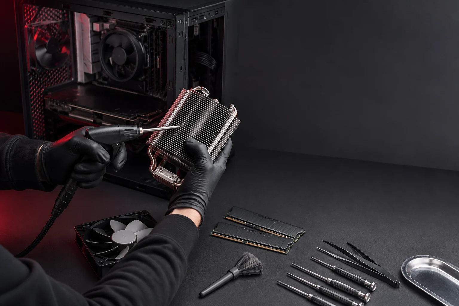 Sorgfältige Reinigung eines PC-Kühlers an einem professionellen Arbeitsplatz