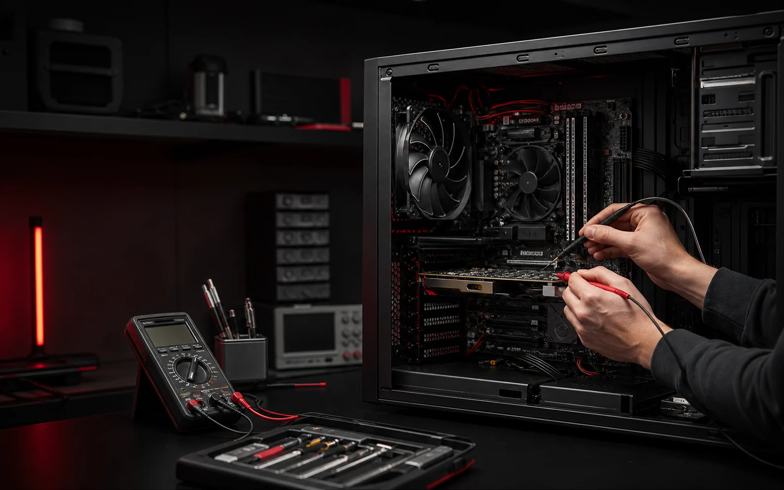 Professionelle Diagnose eines geöffneten Desktop-PCs in einer dunklen Werkstatt